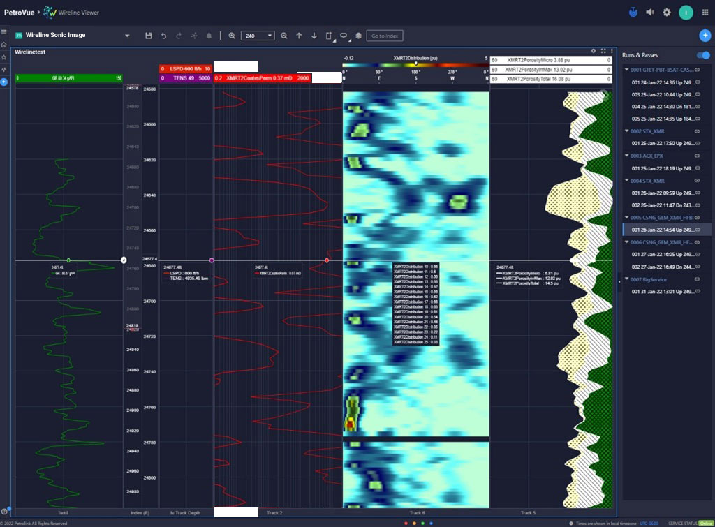 Sonic Data Display showing real-time formation velocity for analysis.