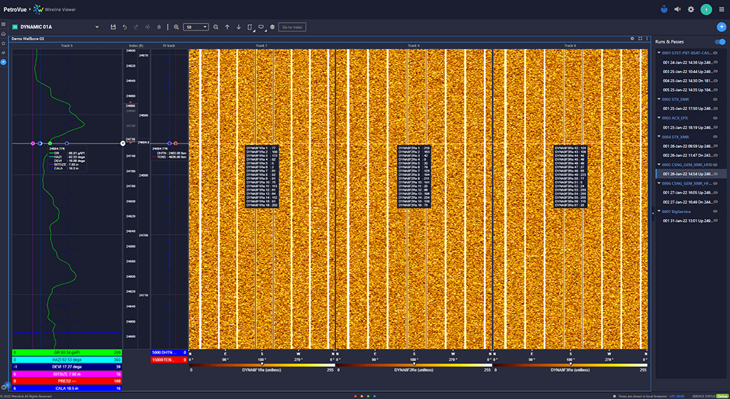 Wireline XPAD displaying multi-pad image logs with drilling parameters.